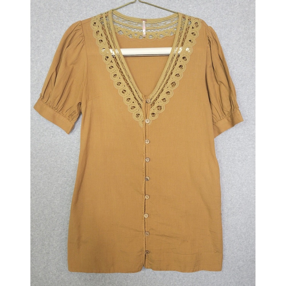 Free People Mari Mini Dress Tawny Brown Cotton Linen Crochet Lace Button Front M